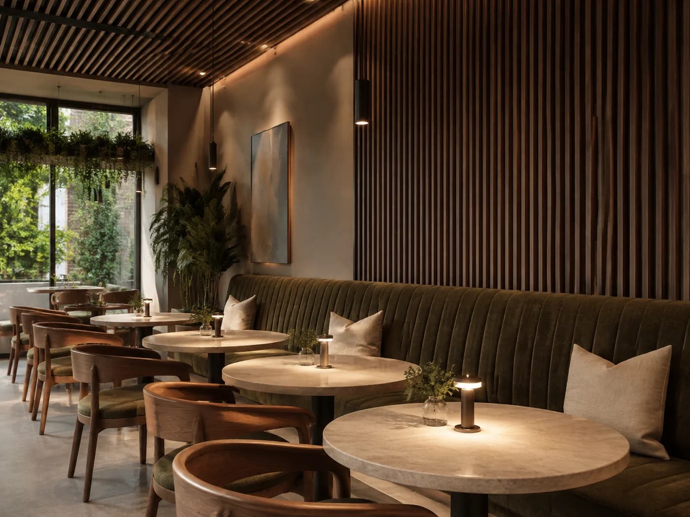 Restoran & Kafe için ahşap duvar panelli dekorasyon fikri