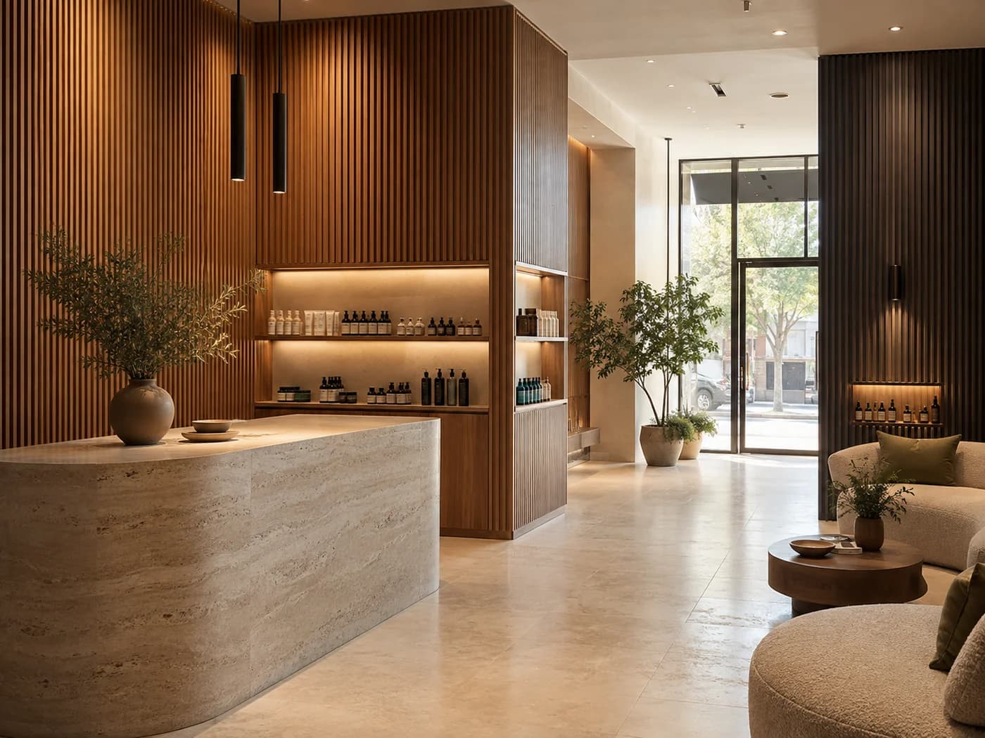 Mağaza & Showroom için ahşap duvar panelli dekorasyon fikri